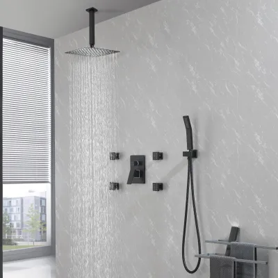 Shower System, 10-Inch Matte Black Full Body Shower System with Body Jets, Square Rainfall Shower Head, Handheld Shower, and Pressure Balance Shower Valve, Bathroom Luxury Faucet Set