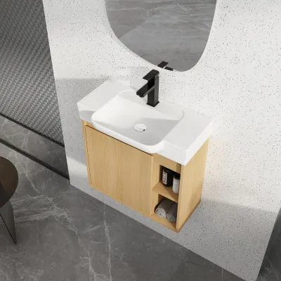 24'' Wall-Mounted Bathroom Vanity with White Ceramic Sink & Soft-Close Door, KD-Packing, Light Oak