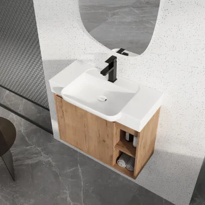 28'' Wall-Mounted Bathroom Vanity with White Ceramic Sink & Soft-Close Door, KD-Packing