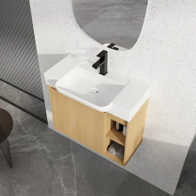 28'' Wall-Mounted Bathroom Vanity with White Ceramic Sink & Soft-Close Door, KD-Packing, Light Oak