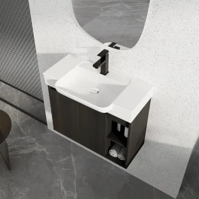 28'' Wall-Mounted Bathroom Vanity with White Ceramic Sink & Soft-Close Door, KD-Packing, Dark Oak