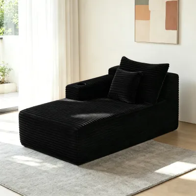 37.5-inch left chaise longue with plush black velvet, cup holder, flexible matching, mainly for living room use.
