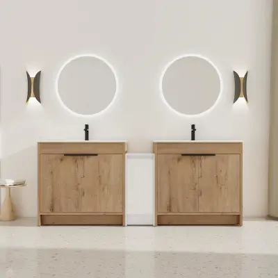 84 Inch Freestanding Bathroom Vanity with Ceramic Sink and Storage Cabinets, Soft Closing Door, 02436IMO*2+0312 Combination Cabinet, KD-Package