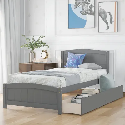 Twin size Platform Bed with Two Drawers, Gray