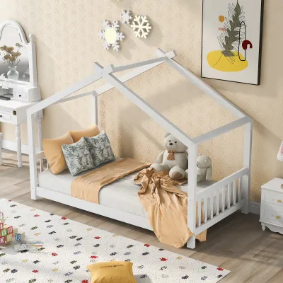 Twin Size House Platform Bed with Headboard and Footboard, Roof Design, White