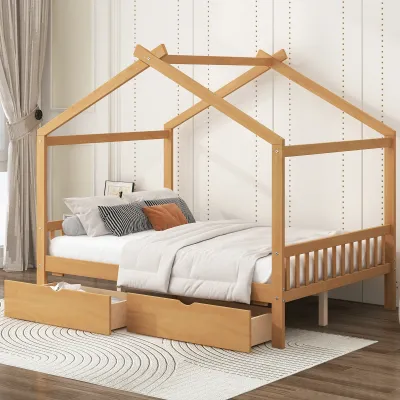 Full Size House Platform Bed with Two Drawers, Headboard and Footboard, Roof Design, Natural