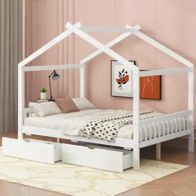 Full Size House Platform Bed with Two Drawers, Headboard and Footboard, Roof Design, White
