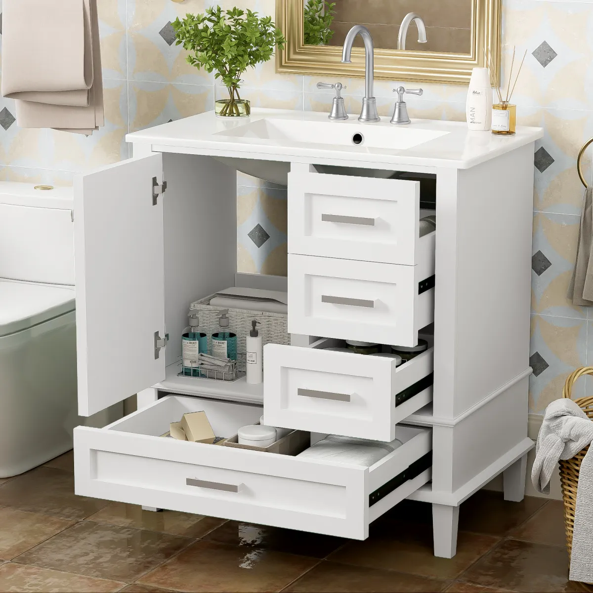 30" Bathroom Vanity , Modern Bathroom Cabinet with Sink Combo Set, Bathroom Storage Cabinet with a Soft Closing Door and 3 Drawers, Solid Wood Frame(White)