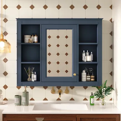35'' x 28'' Medicine Cabinet, Wall Mounted Bathroom Storage Cabinet, Modern Bathroom Wall Cabinet with Mirror, Mirror Cabinet with 6 Open Shelves (Not Include Bathroom Vanity )