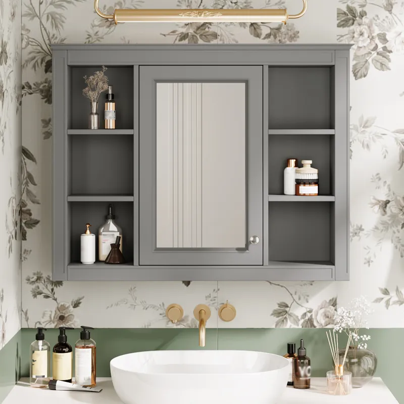 35'' x 28'' Medicine Cabinet, Wall Mounted Bathroom Storage Cabinet, Modern Bathroom Wall Cabinet with Mirror, Mirror Cabinet with 6 Open Shelves (Not Include Bathroom Vanity )
