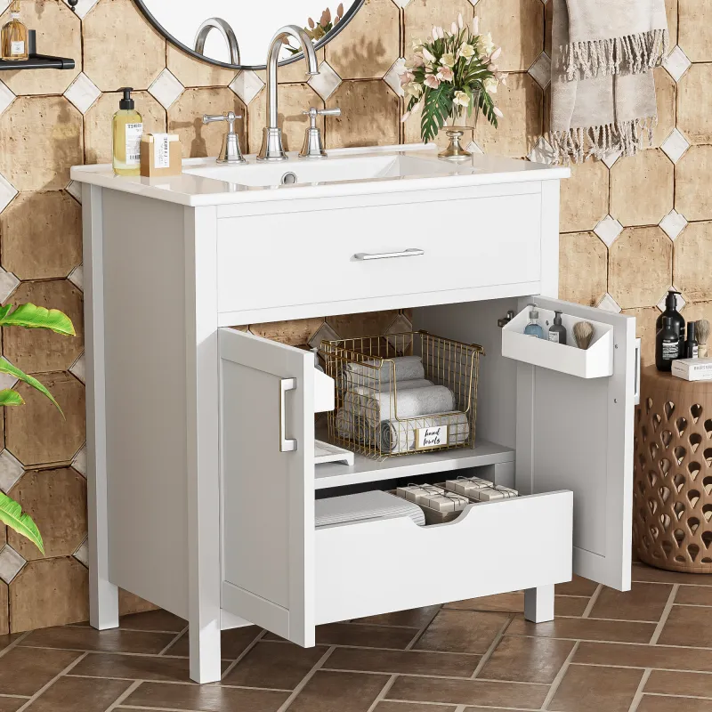 30-Inch  Bathroom Vanity with Ceramic Sink and Ample Storage - The Perfect Choice for Small Bathrooms