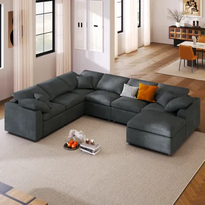 U_Style 120.8" Extra Large 7-Seater Modular Sectional Sofa with L-Shape Design & Movable Ottoman, Plush Chenille Fabric + Solid Pine Wood Frame for Living Room, Office, Spacious Space