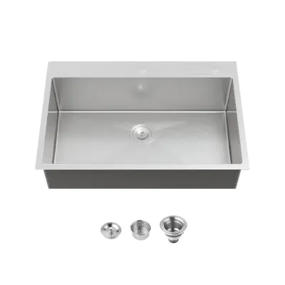 Stainless Steel Kitchen Sink, 33″x22″ Single Bowl, Overmount Handmade Sink in Dark Gray, with US Standard Drain and Hook