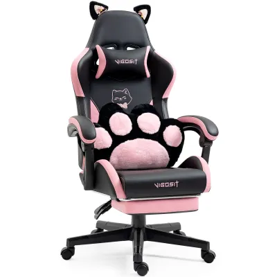 Cute Cat Gaming Chair with Paw Lumbar Cushion, PC Video Gamer Chair for Girl Teen Woman (Black)