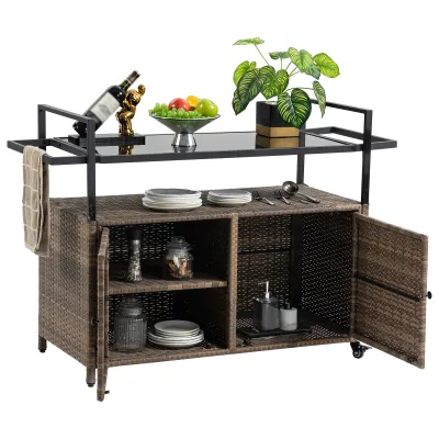 Outdoor Wicker Bar Cart, Patio Wine Serving Cart w/Wheels , Rolling Rattan Beverage Bar Counter Table w/Glass Top for Porch Backyard Garden Poolside Party, Light brown