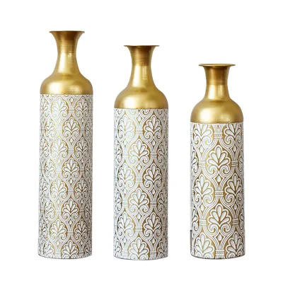 Gold White Metal Vase Set of 3, Tall Decorative Cylinder Flower Vases with Embossed Pattern, Modern Luxury Table Centerpiece for Living Room Home Decor, Shelf Mantel Fireplace Ornaments