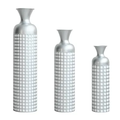 3 Pack Silver Metal Vase Set, Nested Semi-Handcrafted Embossed Vases, Modern Decorative Centerpieces for Home, Floor, Living Room, Fireplace, Not Waterproof