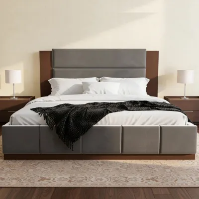 Upholstered Platform Bed Frame with Extended Wood Headboard, Modern Bed with Wood Base, No Box Spring Needed, King Size, Grey Velet