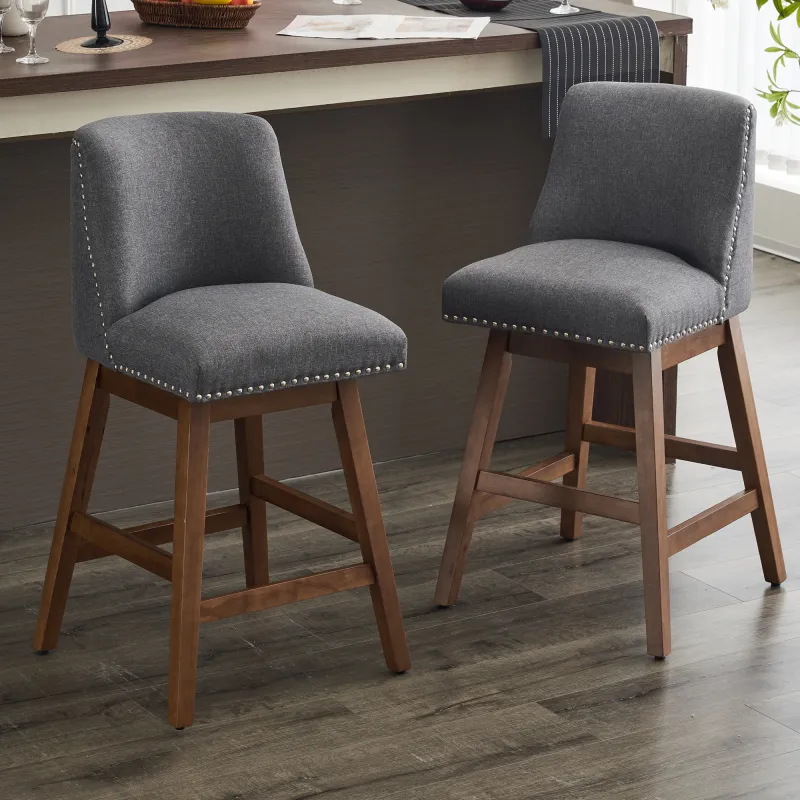 Upholstered Swivel Bar Stools Set of 2, 26" Counter Height Modern Chairs with Ergonomic Design, Wood Frame & Adjustable Foot Pad for Kitchen Island, Home Bar, Dining Room, Dark Grey