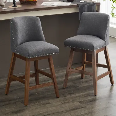 Upholstered Swivel Bar Stools Set of 2, 26" Counter Height Modern Chairs with Ergonomic Design, Wood Frame & Adjustable Foot Pad for Kitchen Island, Home Bar, Dining Room, Dark Grey