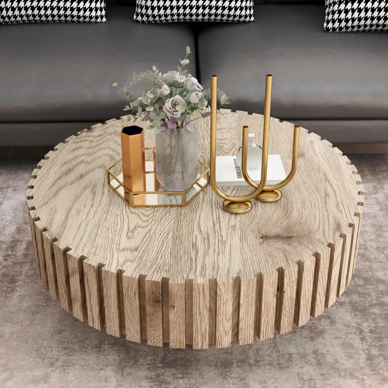Modern minimalist circular coffee table 31.4'' with natural wood texture, stable and durable, enhancing spatial aesthetics suitable for living rooms, study rooms and offices.