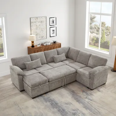 97" L-Shaped Sectional Sofa Bed with Storage Ottoman, Chenille 7-Seat Couch & 2 Pillows for Living Room, Modern Small Space, Easy Assembly (Grey)