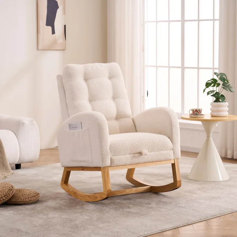 LY-5104 Plush Accent Rocking Chair with Footrest, Cream White High-Back Rocker, Rubber Wood Lounge Chair for Nursery & Living Room, 38.36"W x 26.77"D x 39.76"H