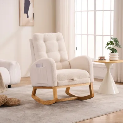 LY-5104 Plush Accent Rocking Chair with Footrest, Cream White High-Back Rocker, Rubber Wood Lounge Chair for Nursery & Living Room, 38.36"W x 26.77"D x 39.76"H