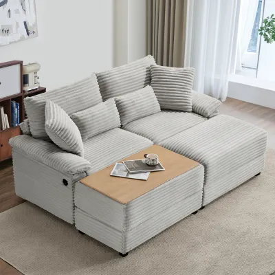 Double Chaise Lounge Set with Reversible Ottoman - Soft Corduroy Fabric, Storage Ottomans,USB Port, Multi-Functional Seat/Table (Flip Cushion to Convert), for Living Room