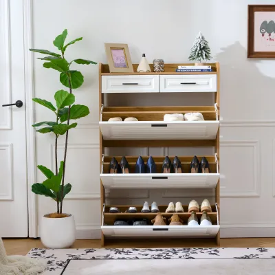 Shoe Cabinet with 3 Hidden Flip Drawers & 2 Storage drawer,Particle Board Narrow Shoe Storage Cabinet,Freestanding Shoe Organizer Cabinet for Entryway Hallway(White+Walnut)