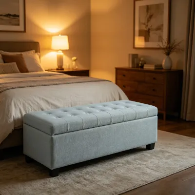 Storage Ottoman, Storage Bench, Tufted Entryway Bedroom Bench, 49.75Inches, Hinges Easy Lid Operation, Wooden Legs, Polyester fabric, Loads 300 lb,Baby Blue