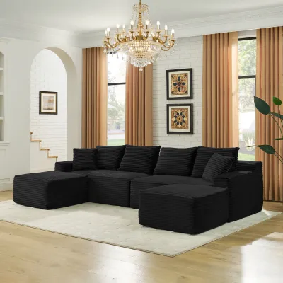 115" Comfy U-Shaped Sectional Modern Boneless Corduroy Couch with Chaise ‌and Ottoman‌ - No Assembly Required! Deep-Seat, Upholstered Modular Cloud Sofa for Living Room, Plush Corduroy Fabric(Black)