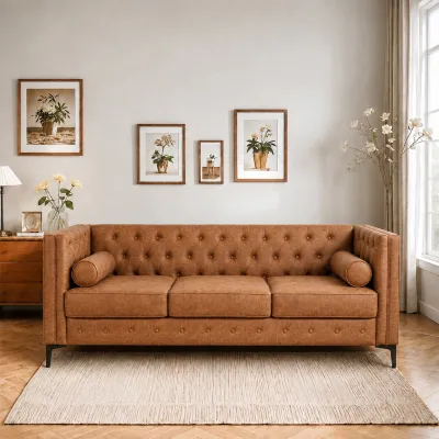 78.5" Brown Faux Leather Sofa Couch for Living Room, Mid Century Modern 3 Seater Sofa with Button Tufted Design, Black Metal Legs and 2 Bolster Pillows, Deep Seat Couch for Apartment Office