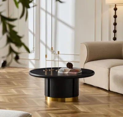 35.43 inch Round Coffee Table, Table with Sturdy MDF Pedestal with Brushed Stainless Steel,Sintered Stone Tabletop Table,Rounded Sofa Side Table for living Room,Office