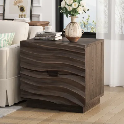 Solid Wood Nightstands, Bedside Table with 2 Drawers, No Handles, Sofa End Table for Living Room, Bedrooms,Brown