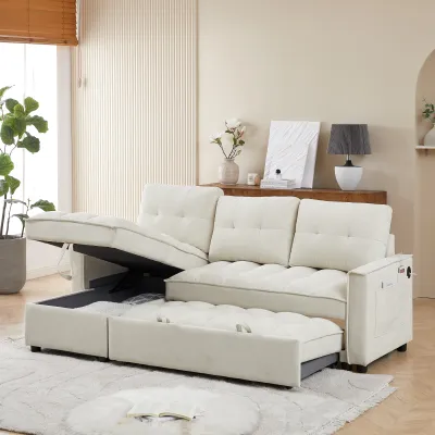 71.3" Reclining Sofa, Pull-Out Sofa Bed with USB and tape-c charging ports, L-Shaped Sectional Sofa with Reclining Storage and Arm Side Organizer Pocket Features, Living Room Comfort Sofa