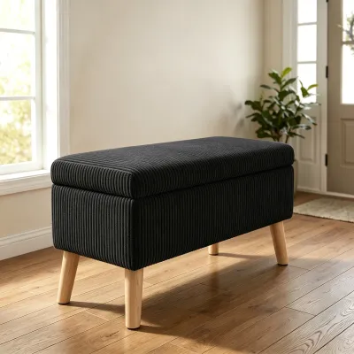 32 inch Wide Olive Black Corduroy Storage Ottoman Bench with Wooden Legs, Flip-Top Storage Box, Soft Upholstered End of Bed Bench, Footrest & Shoe Bench for Bedroom, Living Room, Entryway