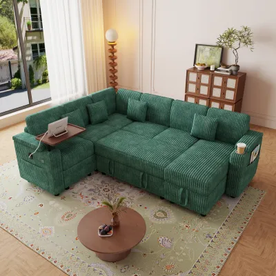 100-inch pull-out sofa with USB ports, table board and cup holder, comfortable soft cushioned corduroy fabric sofa bed, extra-large U-shaped combination storage lounge sofa bed