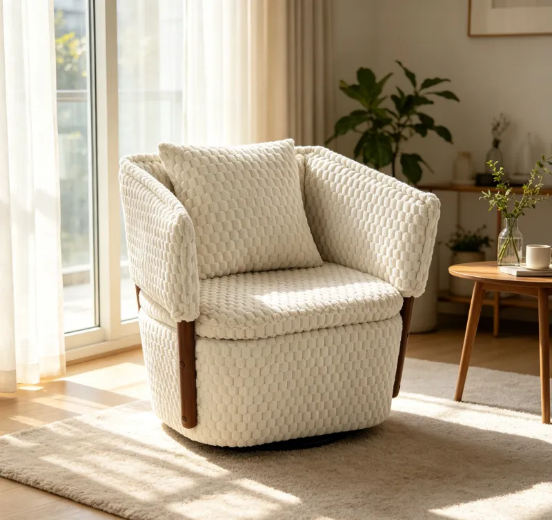 Mid Century Modern Accent Chair with Solid Wood Frame, Upholstered,360° Full Swivel Chairs with storage For Living Room Chairs with Waist Cushion, Reading Armchair for Bedroom Sunroom