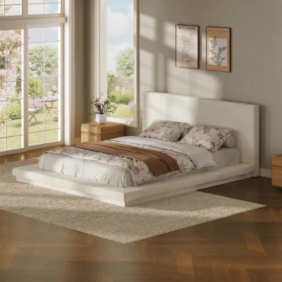Queen Size Floating Modern Bed Frame with Padded Headboard, Low Profile Metal Slat Base, Anti-Collision Padded Surround, No Box Spring Required for Bedroom, Easy to Assemble,Off-white