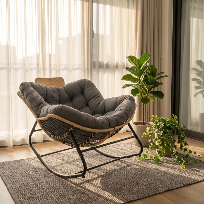 39.37"Papasan Rocking Chair Outdoor, Oversized Patio Egg Chair with Thick Cushion And Handwoven Rattan Head Pillow,Indoor Wicker Lounge Rocker Bed for Balcony, Porch, Garden, Dark Grey