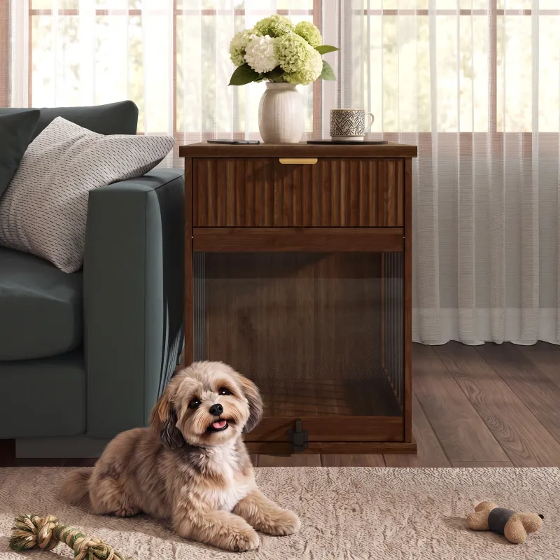 Dog Crate End Table with Charging Station, Wooden Dog Kennel Furniture with Hideaway Tempered Glass Door, Multi-Functional Pet Station Side Table with Storage Drawer, Indoor House for Small Medium Dog