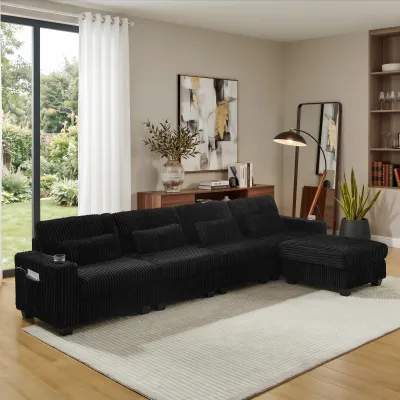 L-shaped Corduroy Modular Sectional Sofa with Detachable Footrest, Dual Side Armrests Built-in Storage Pockets and Cup Holders, Sturdy Plastic Support Feet for Living Room-Black