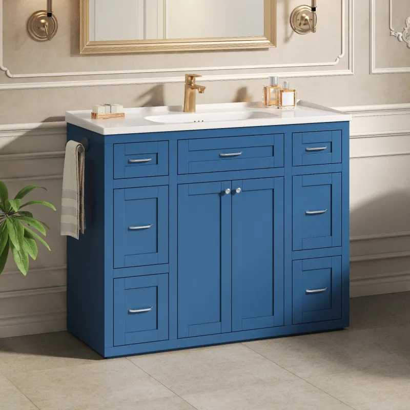 48" Navy Blue Bathroom Vanity with Ceramic Sink – 6 Drawers (3 Each Side), Center Flip-Out Drawer, Soft-Close Double Doors, Reversible Side Towel Rack, Silver Handles, MDF