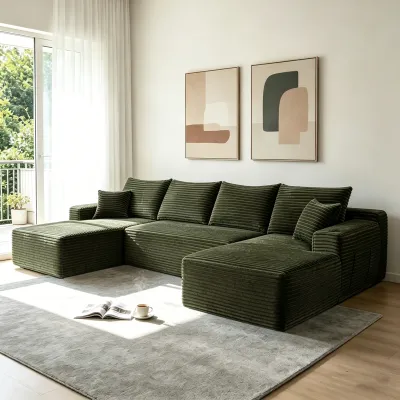 134" Cloud Sectional Sofa with U-Shape Chaise and Side Pockets and Cup holder , Modern Modular Design, Deep Seating, Upholstered Couch for Living Room/Bedroom, No Assembly Required (Plush)GREEN
