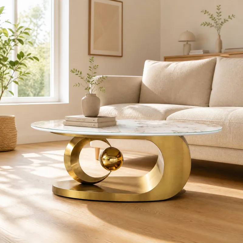 Polished Gold 201 Stainless Steel Coffee Table, Oval Faux Marble Glass Top Coffee Table, Luxury Sculptural Center Table, Modern Artistic Living Room Coffee Table, Gold Frame Accent Table