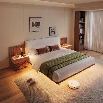 High-end Wide-screen King-size Bed / Equipped with Two BedsideTables / Two Reading Lamps are Placed at the Side of the Bed / There is a Light Strip Attached to the Bedside / Multi-functional Comb