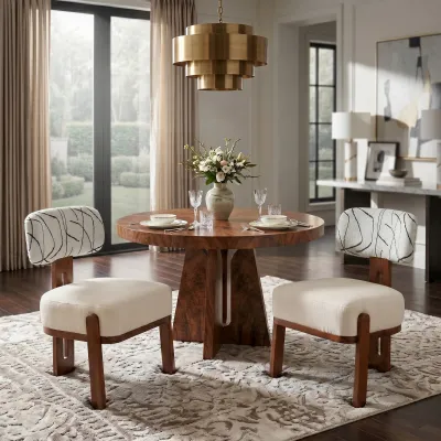 2PCS Modern Accent Chairs, Rubber Wood Frame Upholstered Dining Chair, Cream Beige Seat with Abstract Line Light Gray Backrest, Dark Brown Solid Wood Frame Armless Lounge Chair for Dining&living Room