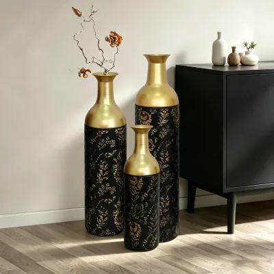 Decorative Metal Vases Set of 3, Gold Leaf Pattern Floor Vases, black& Gold Tall Vases for Home Decor, Living Room Entryway Decor