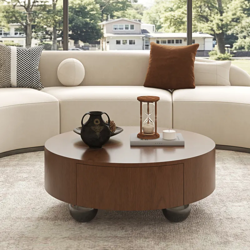 35.43 Inch Drum Shaped Round Walnut Coffee Table with Hidden Storage Drawer and Sphere Base Legs, Mid-Century Modern Low Profile Wooden Cocktail Table for Living Room